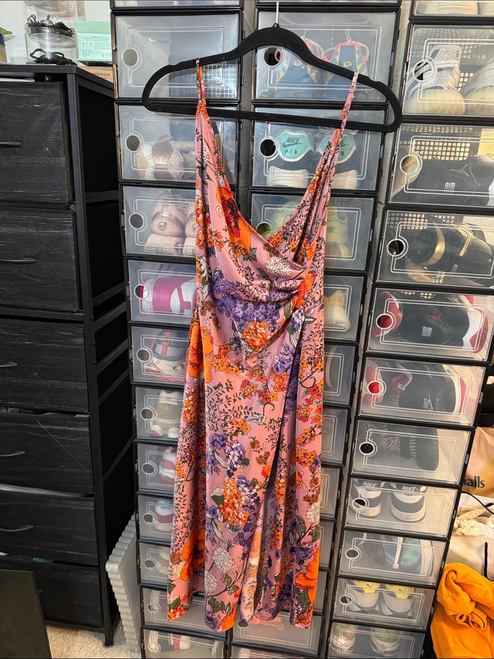 Urban Outfitters Pink Floral Slip Midi Dress with Orange & Purple Blooms